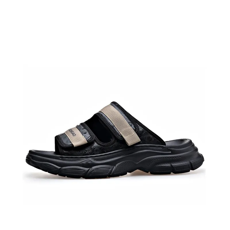SHUPATE Leather Patchwork Slip Resistant Quick Dry Massage Slide Slippers Men's Black-0