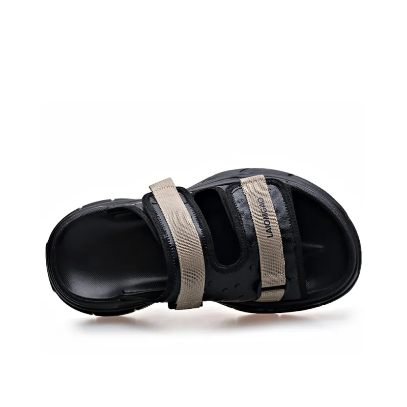 SHUPATE Leather Patchwork Slip Resistant Quick Dry Massage Slide Slippers Men's Black-3