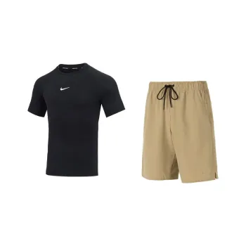 Nike Casual Sportswear Men Black T-Shirt+Khaki Shorts