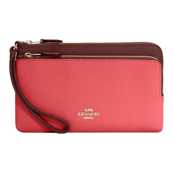 COACH Double Zip Wallet Refined Pebble Leather Card Holder Wallet Small Size Women's Watermelon Red Wine Red