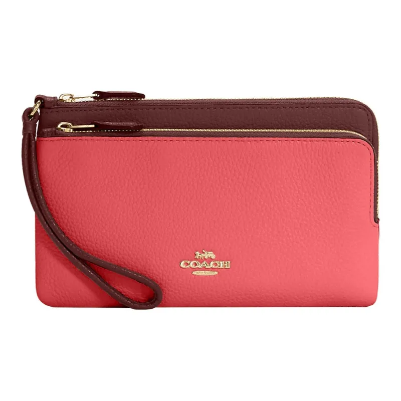 COACH Double Zip Wallet Refined Pebble Leather Card Holder Wallet Small Size Women's Watermelon Red Wine Red-0