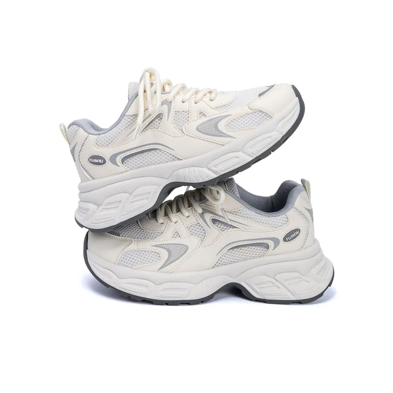 HUANQIU Breathable Coverage Height Increase Low Top Chunky Sneakers Women's Beige Gray-2