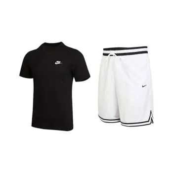 Nike Casual Sportswear Men Clothing Set Black T Shirt+White Shorts