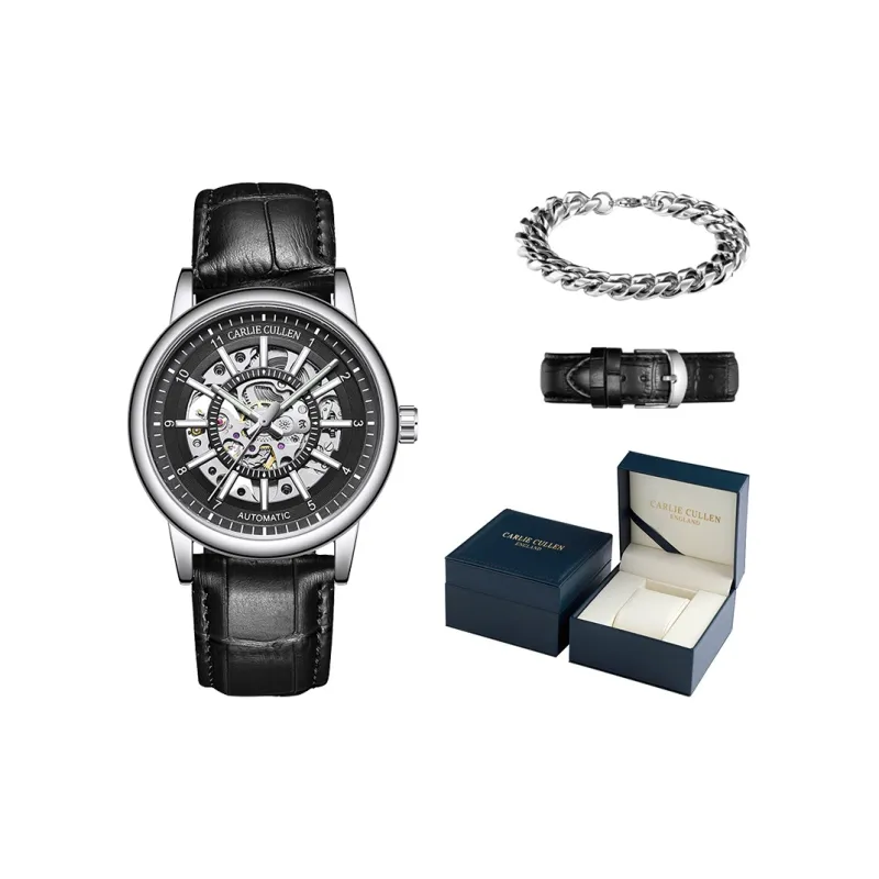 CARLIECULLEN Black Knight Series Automatic Mechanical Movement Genuine Leather Strap Watch Men's Watches Black Dial-42