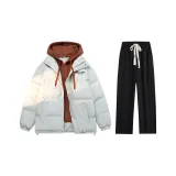 23888 Ecru (Coral Red Hat) Thickened Puffer Jacket+Black Fleece-Lined Casual Pants