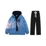 23888 Blue (Black Hoodie) Thickened Puffer Jacket+Black Fleece-Lined Casual Pants