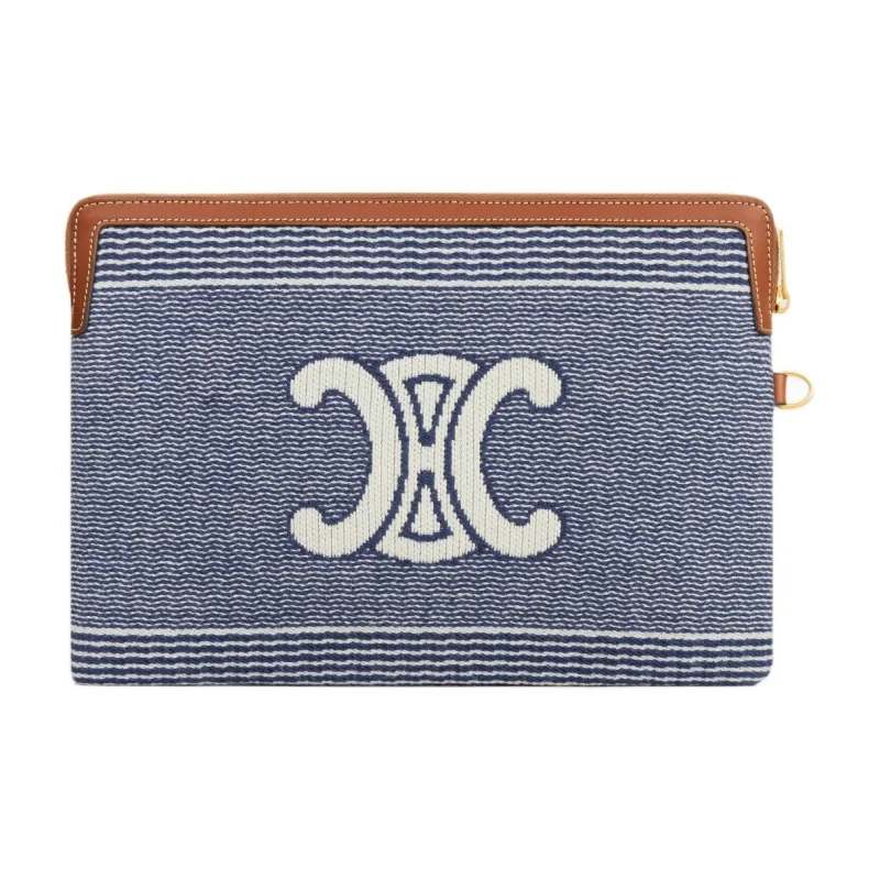 CELINE Triomphe Fabric Clutch Small Size Women's Blue & Beige-2