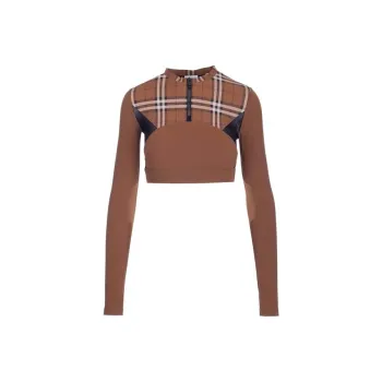 Burberry Checked Stretch Jersey Cropped Top Brown