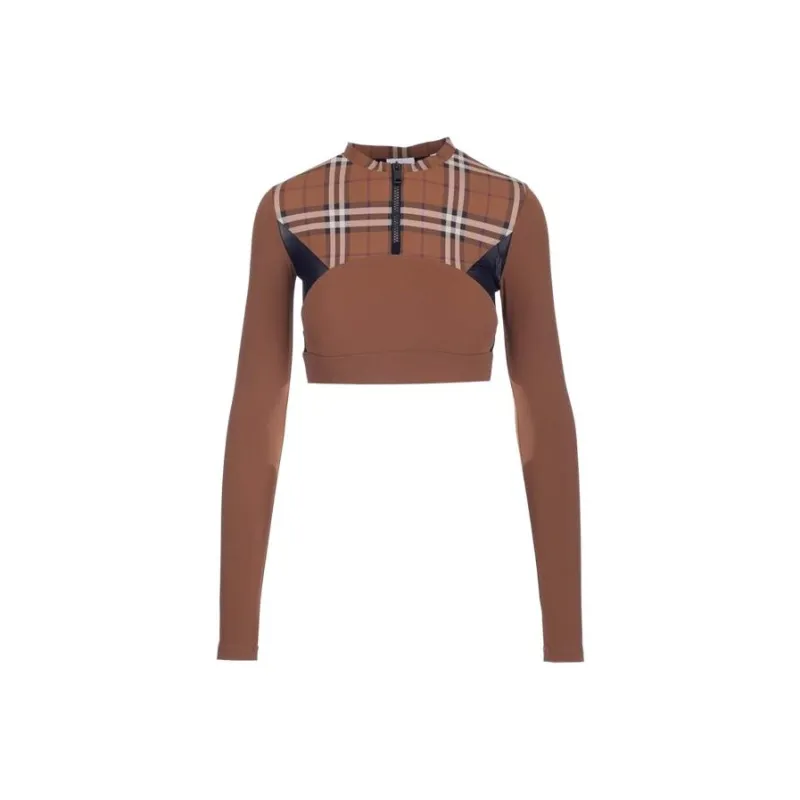 Burberry Checked Stretch Jersey Cropped Top Brown-0