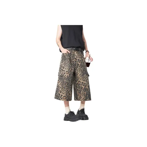 K411 Denim Shorts Unisex Leopard Print