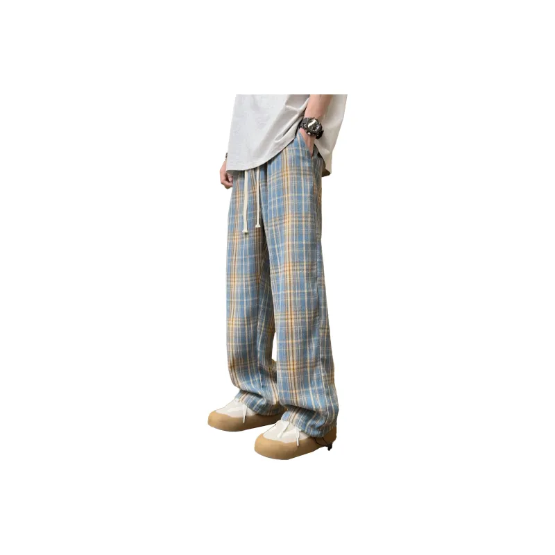 NOAHGIGI Casual Pants Unisex Khaki Blue Plaid-6