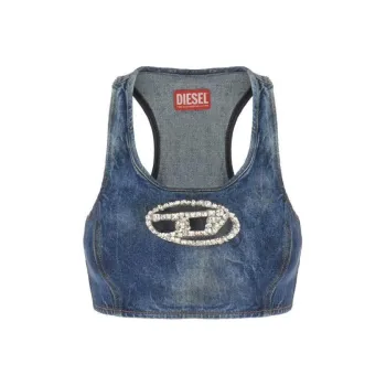 DIESEL Denim Crystal Logo Cropped Top Blue