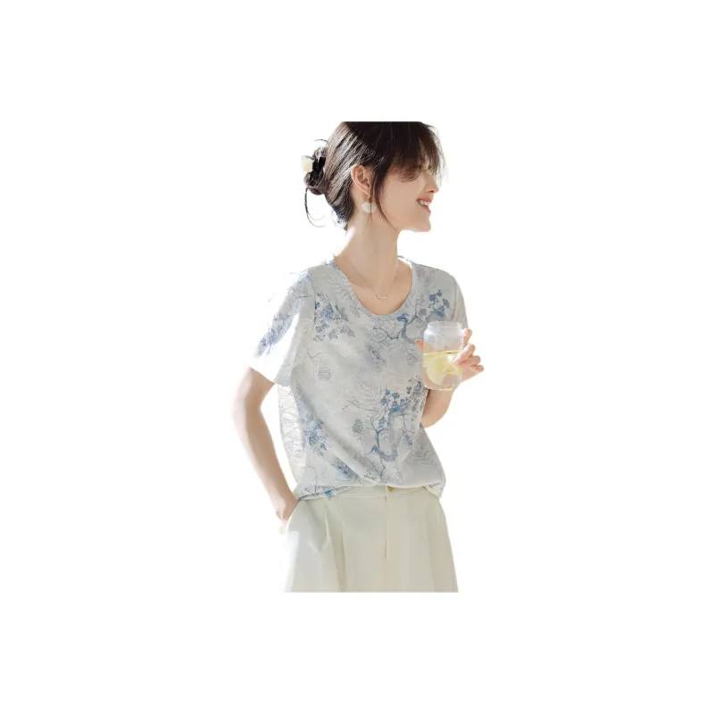 XWI Regular T Shirt Women's Beige With Blue Floral-1