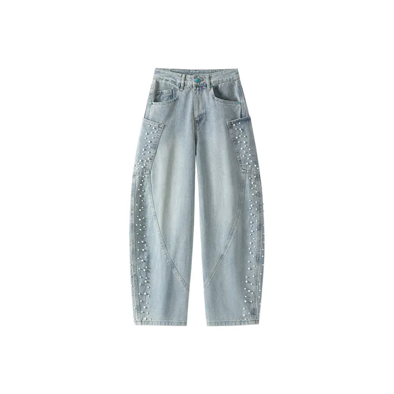 BLANC & ECLARE Pearl Decoration Contrast Design Hanging Luxury Streetwear Jeans Unisex Blue-0