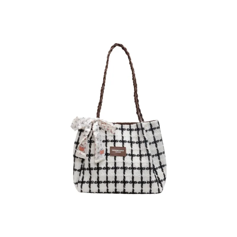 Morellybear Fabric Tote Bag, Shoulder Bag Women's Plaid Black/Ecru-6