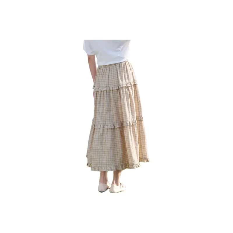 ZIHAN Casual Long Skirt Women's Small Green Plaid-1