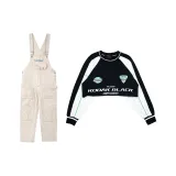Black Sweatshirt+Apricot Overalls Set