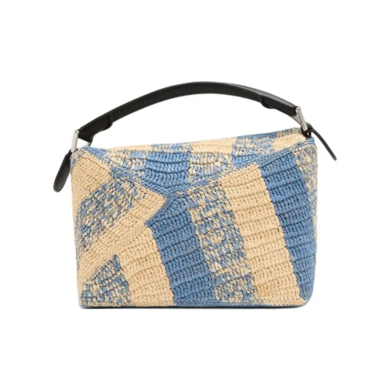LOEWE Puzzle Raffia One Shoulder Handbag Trumpets Women's Light Blue & Beige-5