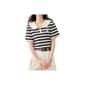 MADALLO Regular T Shirt Women's Black Apricot Stripes