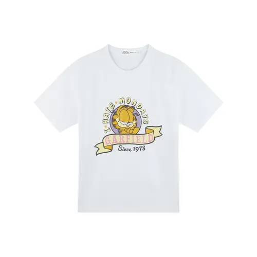 FUN X Garfield Collaboration Letter Print Crew Neck pullover Hoody Loose Fit Versatile Short Sleeved T Shirt Women's White