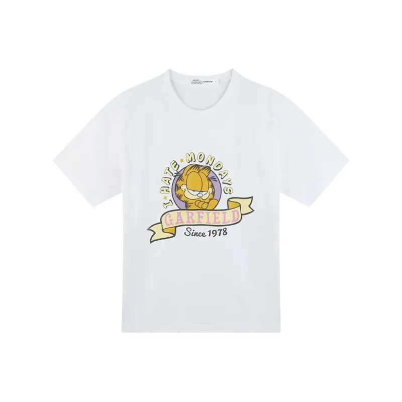 FUN X Garfield Collaboration Letter Print Crew Neck Pullover Loose Fit Versatile Short Sleeved T Shirt Women's White-0