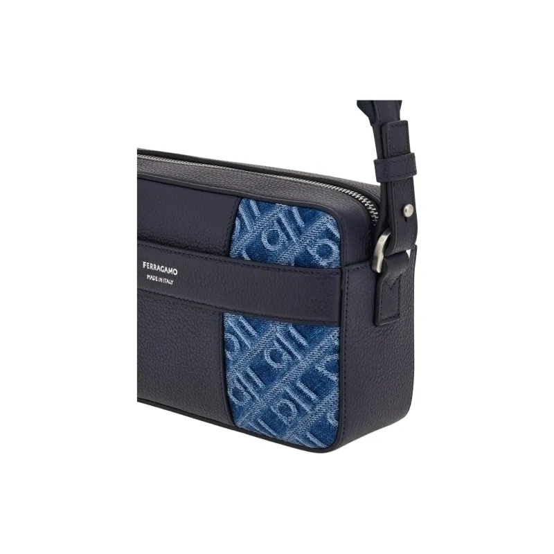 FERRAGAMO Hammered Texture Calfskin With Fabric Shoulder Bag Unisex Denim-5