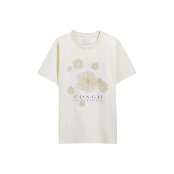 COACH Letter Floral Print Crew Neck Short Sleeved T Shirt Women's White