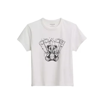 COACH Crew Neck Bear Print Short Sleeved Regular T Shirt Women's White