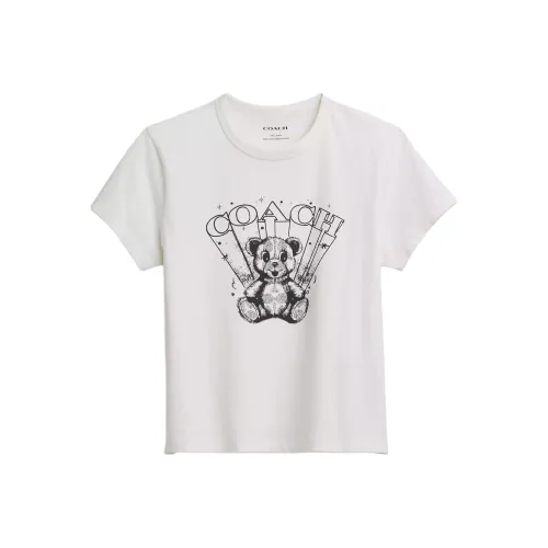 COACH Crew Neck Bear Print Short Sleeved Regular T Shirt Women's White