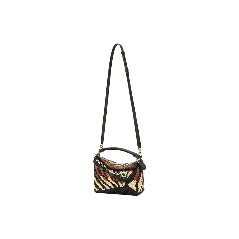 LOEWE Puzzle Raffia With Cow Leather Shoulder Bag, Crossbody Bag, Handbag Small Size Women's Black & Honey Gold-2