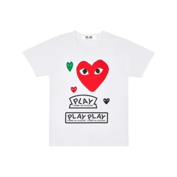 CDG Play Women's Multi Logo Red Heart T shirt White