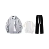 Clothing Set (Gray Shirt+White Short-Sleeved+Black Casual Pants)