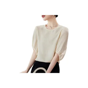 Yi Mengyuan Solid Color Crew Neck Slim Fit Elbow-Length Sleeved Shirt Silk T-shirt Women's