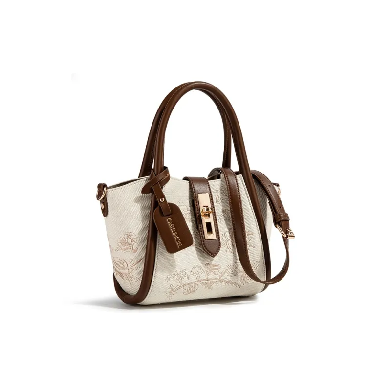 CAEISL&KCIEL Polyurethane With Synthetic Leather Basket Bag Handbag Women's Embroidered White/White & Coffee-1