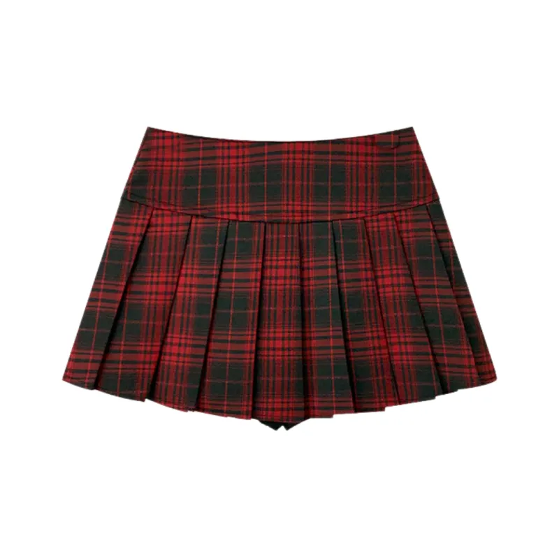 GLEE DIARY Casual Short Skirts Women's Red Black Plaid-7