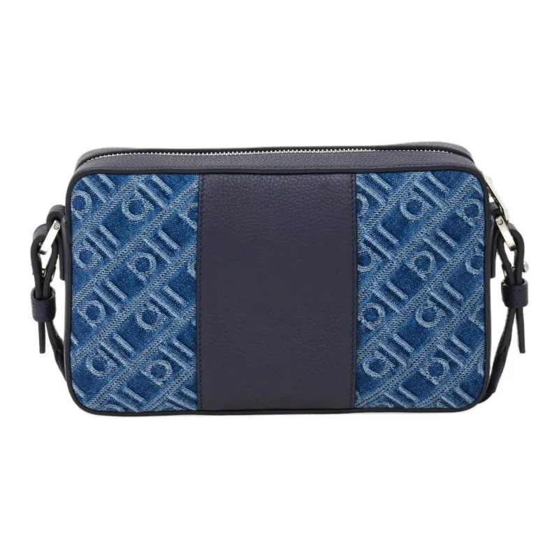 FERRAGAMO Hammered Texture Calfskin With Fabric Shoulder Bag Unisex Denim-3