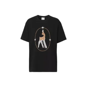 Burberry Deer Pattern Cotton Loose Fit Pullover Short Sleeved T Shirt Women's Black