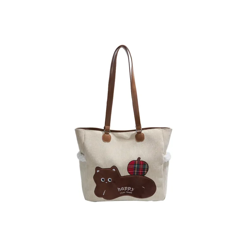 Yalu Corduroy Tote Bag, Shoulder Bag Women's White/Brown/Coffee-0