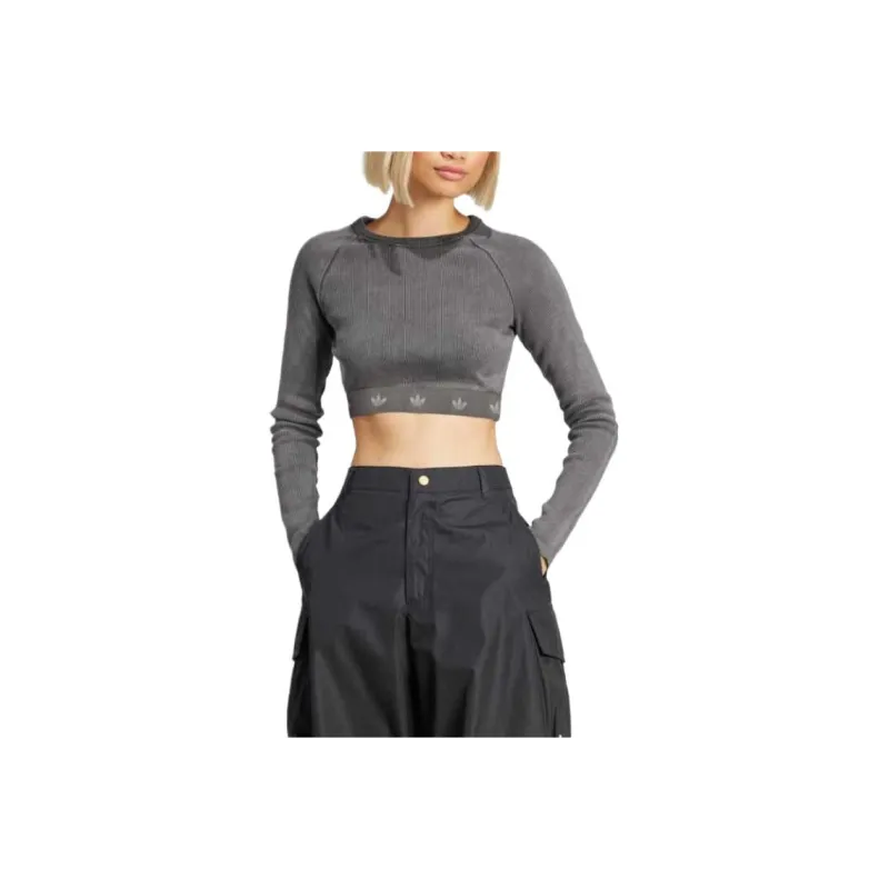 Adidas Women's Ribbed Long Sleeve Crop Top Black-0