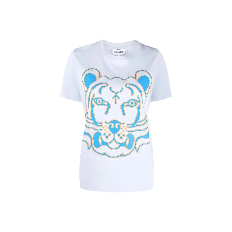 KENZO Neon Tiger Print Pullover Short Sleeved T Shirt Women's White Blue-0