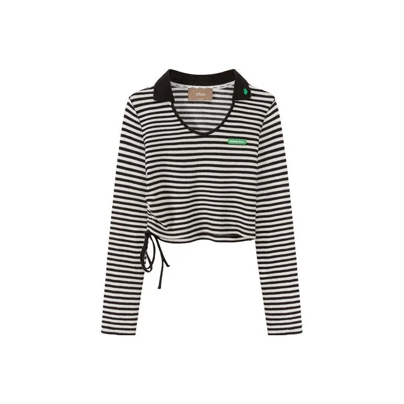 CHUU Crop Tops Women's Black White Stripes-0