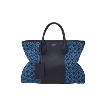 FERRAGAMO Fabric With Hammered Texture Calfskin Tote Bag, Shopping Bag, Handbag Large Size Men's Denim