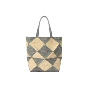 LOEWE Puzzle Fold Raffia Shopping Bag, Shoulder Bag Extra Large Men's Gray & Beige