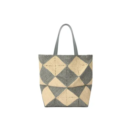 LOEWE Puzzle Fold Raffia Tote Bag, Shopping Bag, Shoulder Bag XL Men's Gray & Beige