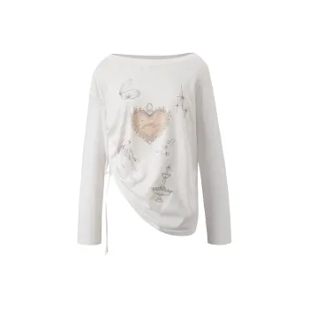 SUNSUNTOWN Drop Shoulder Sleeve T Shirt Women's White