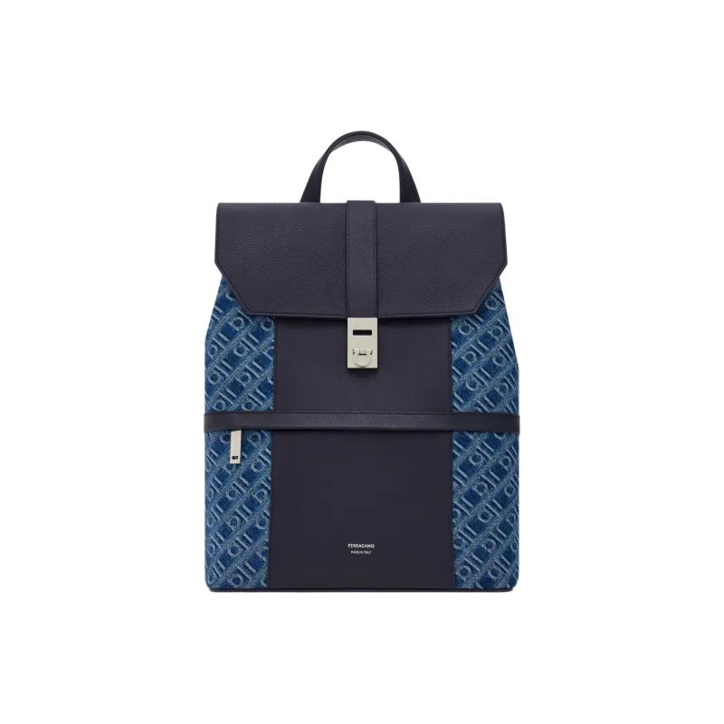 FERRAGAMO Fabric With Cow Leather Backpack Men's Denim Blue-0