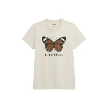 COACH Logo Letter Butterfly Print Crew Neck Short Sleeved T Shirt T Shirt Women's Cream