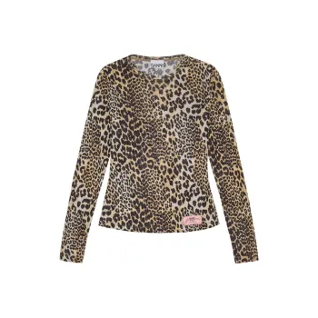 GANNI Leopard Printed Mesh Long Sleeved Top