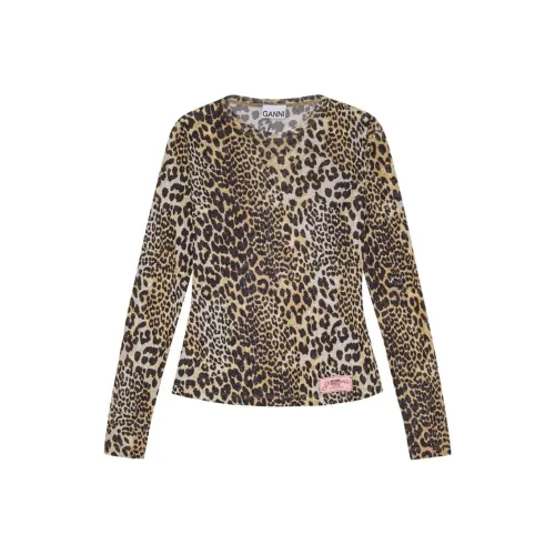 GANNI Leopard Printed Mesh Long Sleeved Top