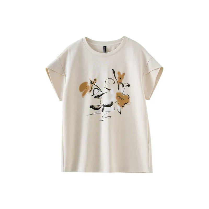 OUNIXUE Summer Regular T Shirt Women's Gray Apricot-0